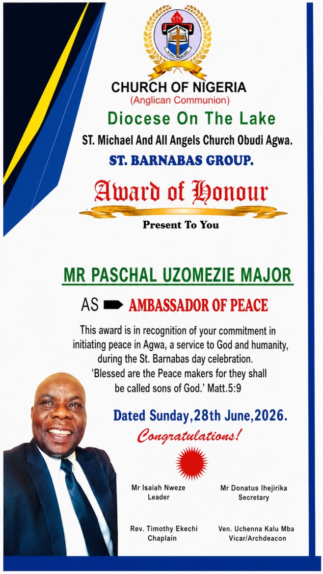 ‎St. Michael and All Angels Church, Obudi Honours Pascal Uzomezie Major as "Ambassador of Peace"