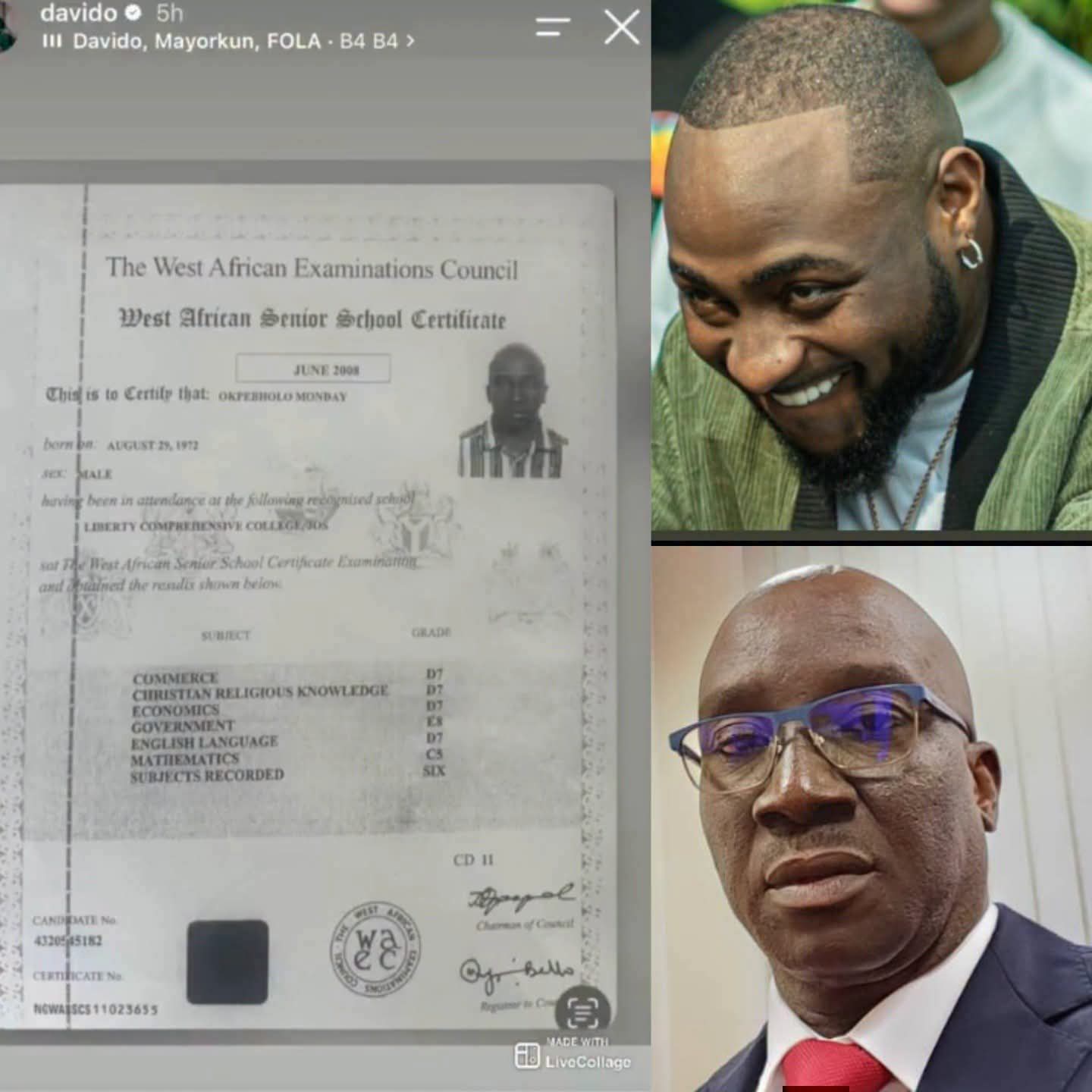 Davido Shares Edo Governor Okpebholo's WAEC Result Hours After Dance Jab at Uncle Adeleke