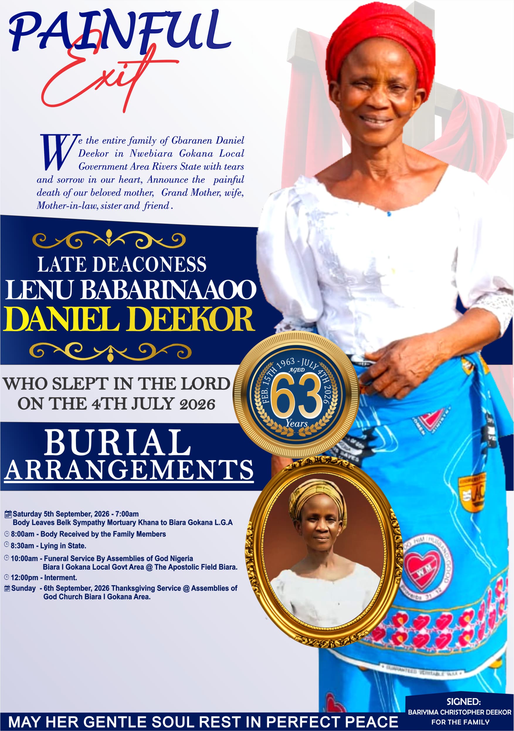 ‎Deaconess Barinaoo Deekor Daniel Dies at 63, Burial Scheduled for September 5