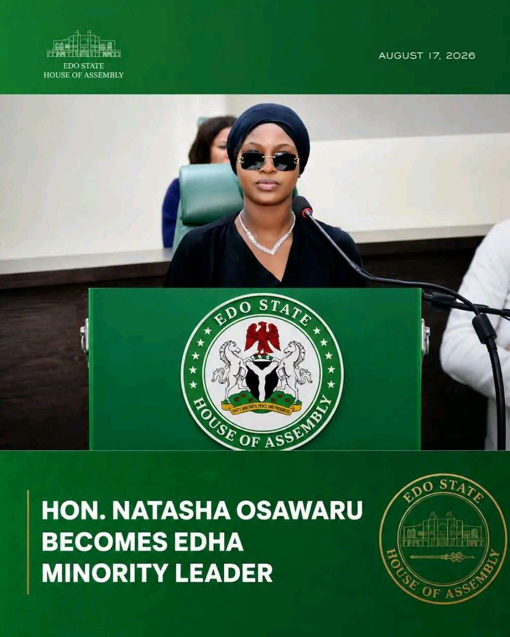 Natasha Osawaru Emerges Edo Assembly Minority Leader as Yekini Idiaye Becomes Speaker