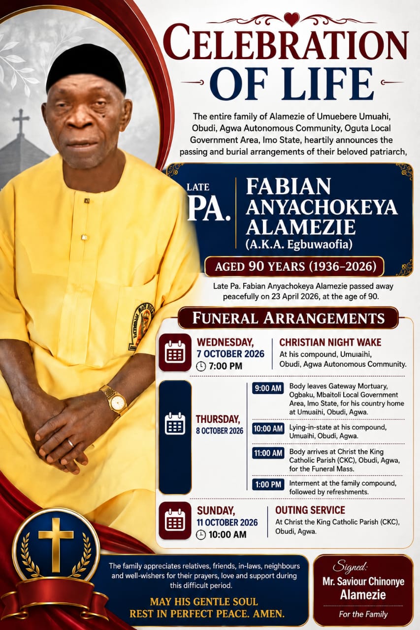 Late Pa. Fabian Anyachokeya Alamezie: Family Announces Burial Arrangements for 90-Year-Old Patriarch