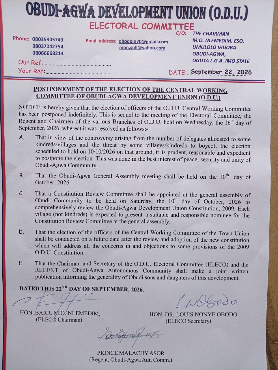 OBUDI-AGWA ODU ELECTION POSTPONED INDEFINITELY OVER DELEGATE CONTROVERSY